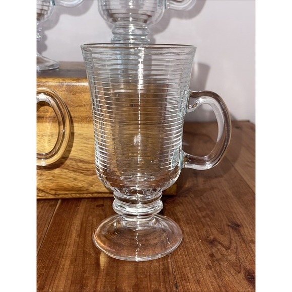 Irish Coffee Mugs Clear Cups Ribbed Pedestal Made in Portugal Set Of 4 Farmhouse - Picture 2 of 6